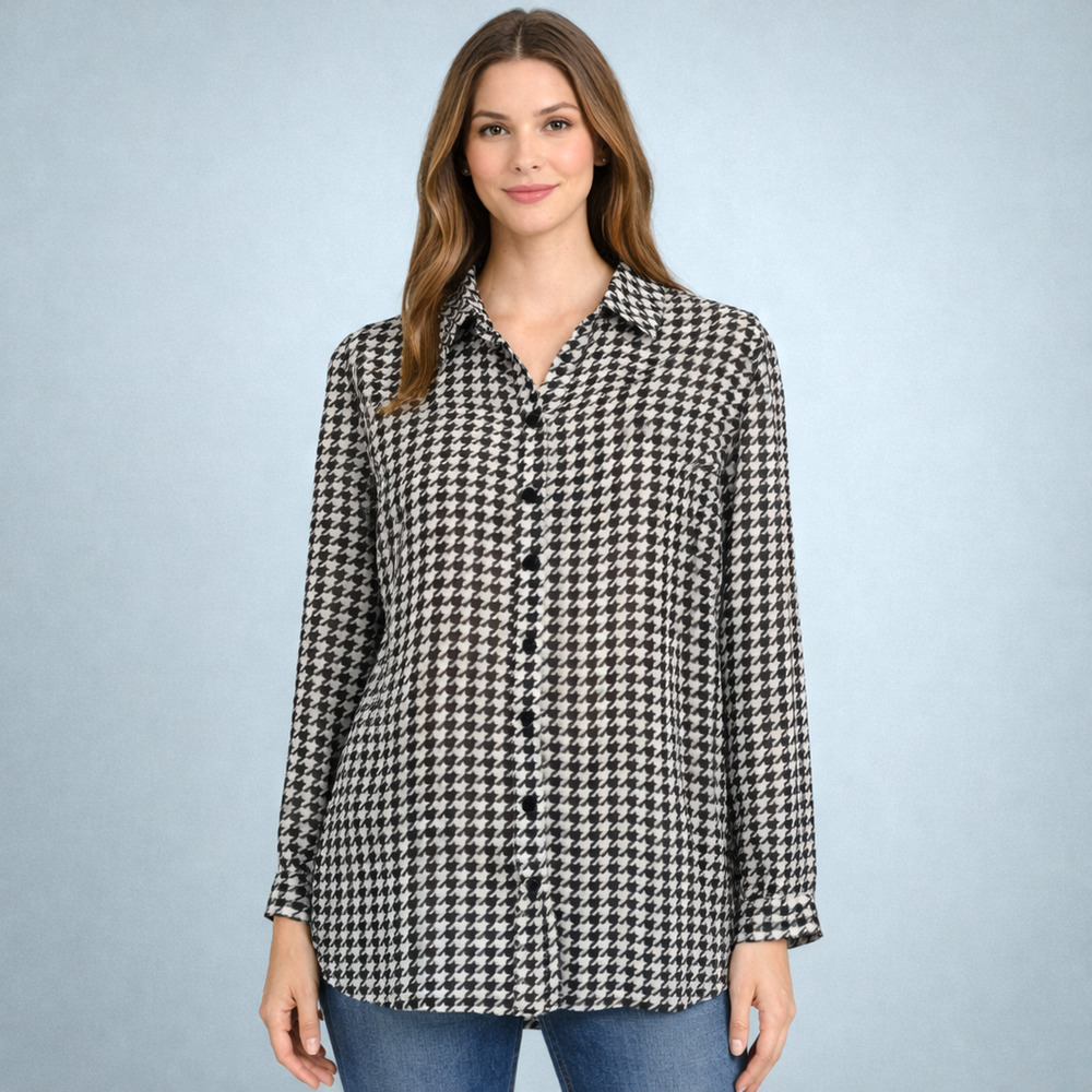 ModCloth Plus Size 2X Black White Houndstooth Print Collared Button Top Blouse